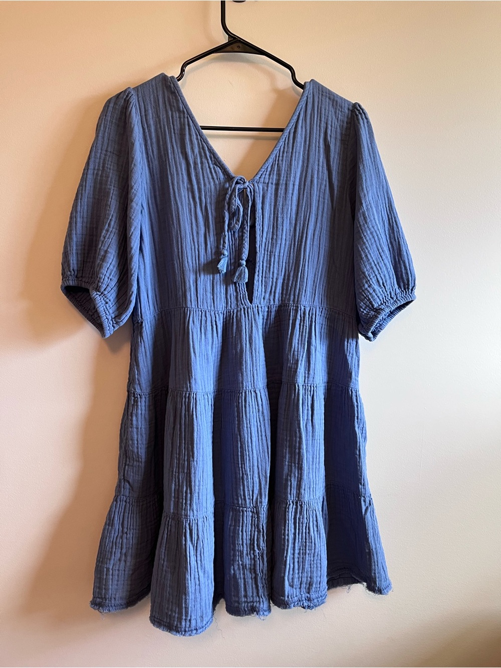 Aerie Blue V-Neck Tiered Puff-Sleeve Women's Mini Dress - Picture 2 of 7